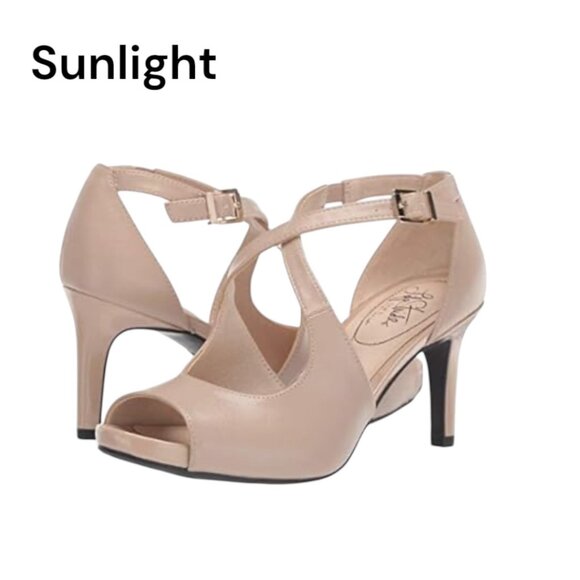 Life Stride Maria Womens Taupe Peep-Toe Cross-Strap High Heel Sandals Size 7.5M - Picture 1 of 15